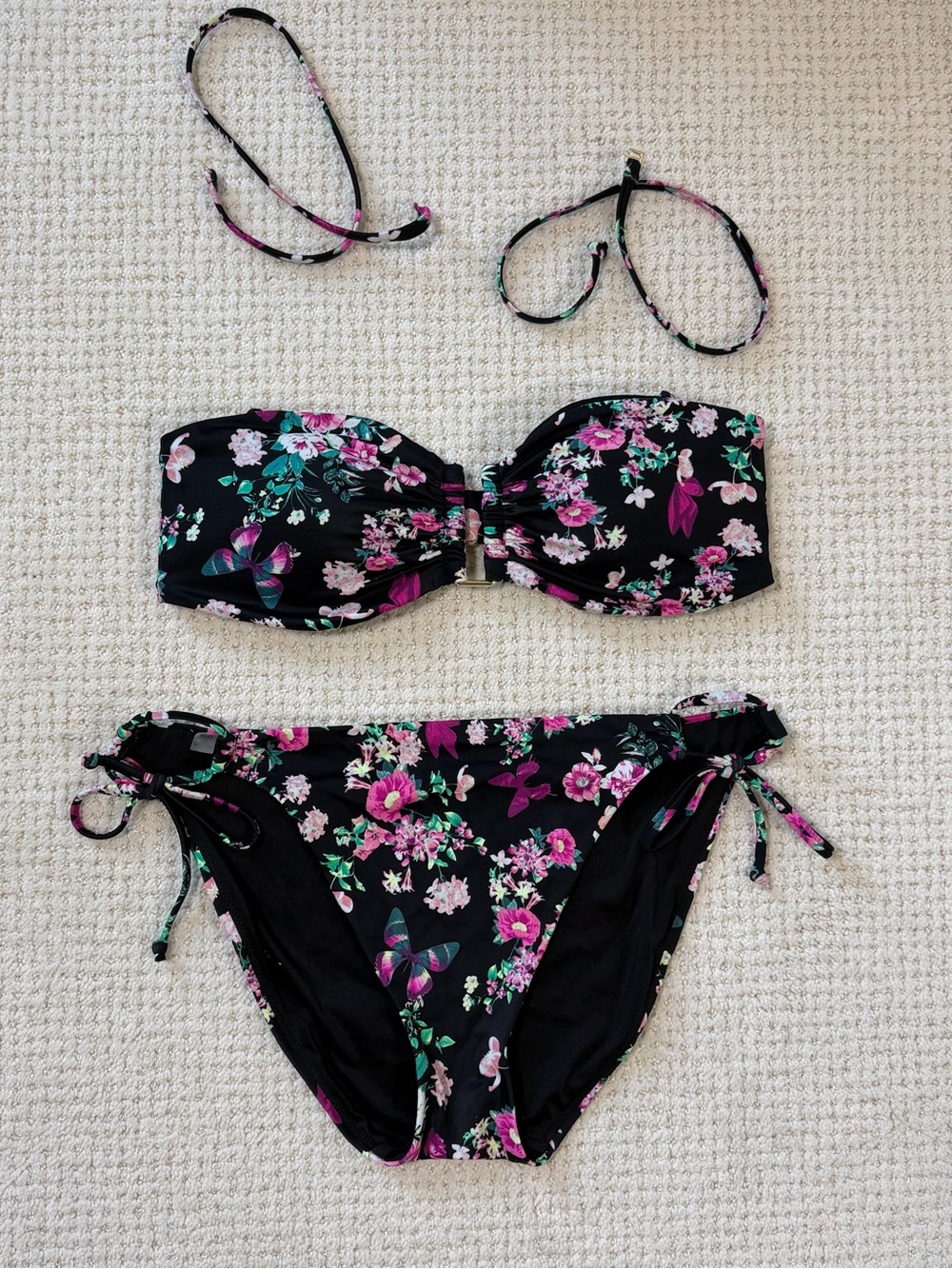 Victoria's Secret Black Floral Bandeau Bikini with Pink & Green Accents